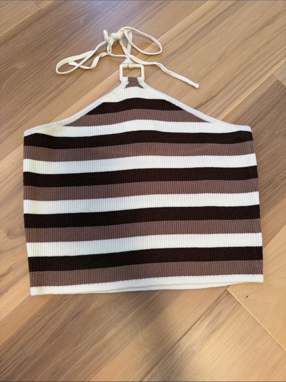 H&M Striped Halter Rib Knit Top in Brown & Cream